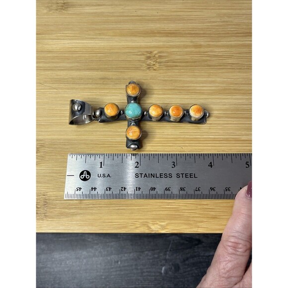 Chimney Butte Native American Sterling Cross Pendant Turquoise Spiney Oyster - Picture 8 of 9